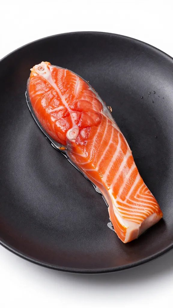 single salmon bite with crisp lacquered edge on dark plate