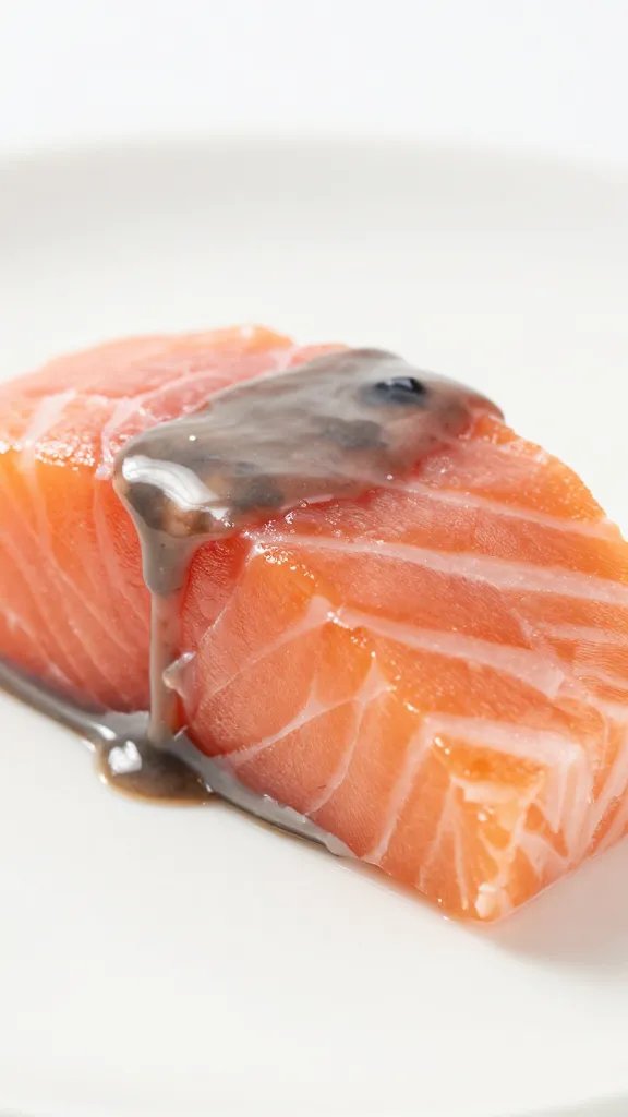 closeup of smoky glaze drizzle on salmon bite