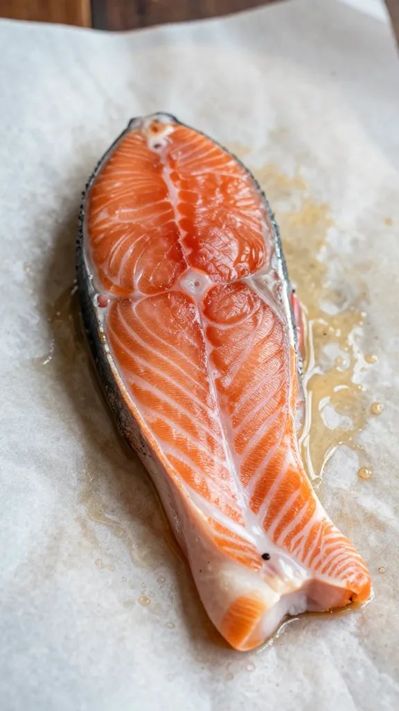 single salmon bite resting on oil-brushed parchment