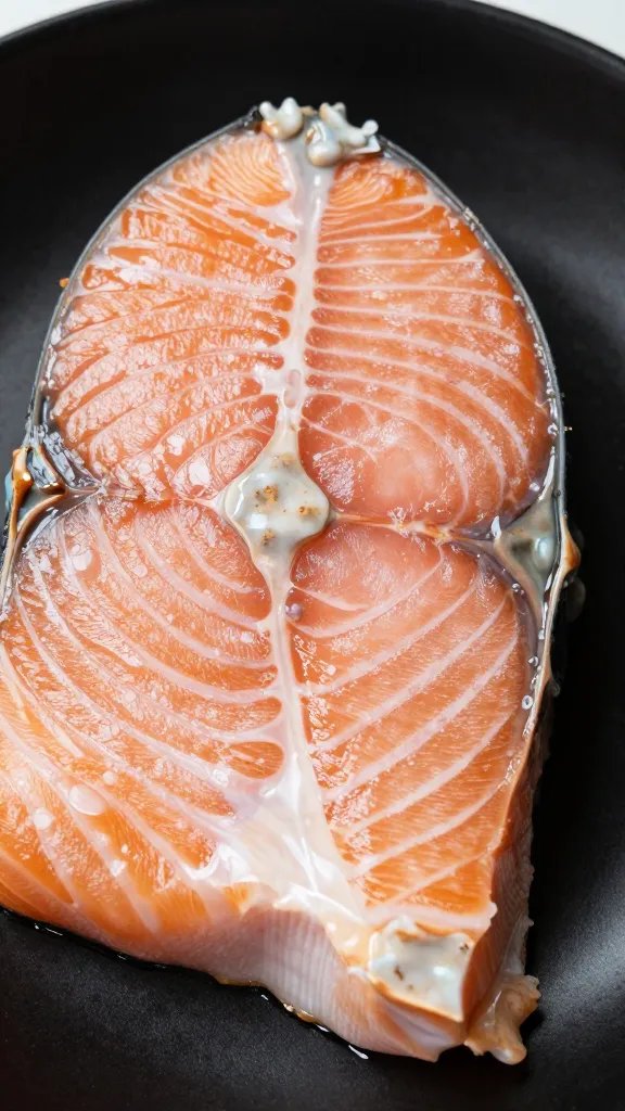 closeup of flaky salmon texture under glaze on black plate