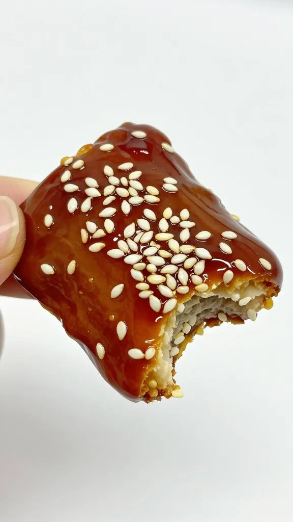 single bite with sesame tilt and glossy glaze