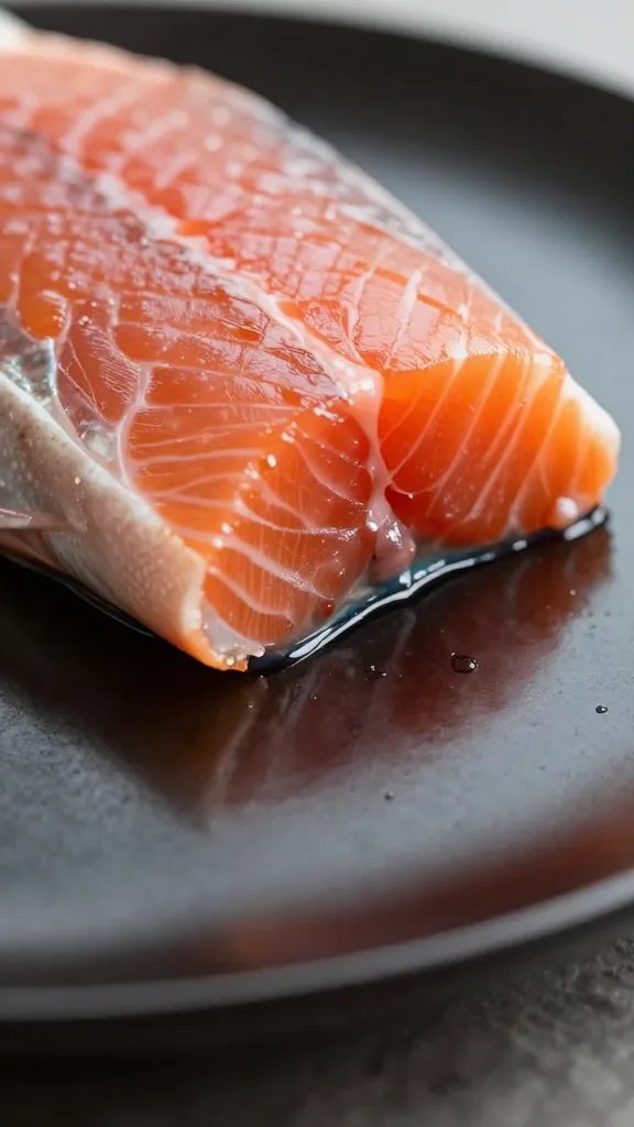 closeup of salmon bite reflected on glossy plate
