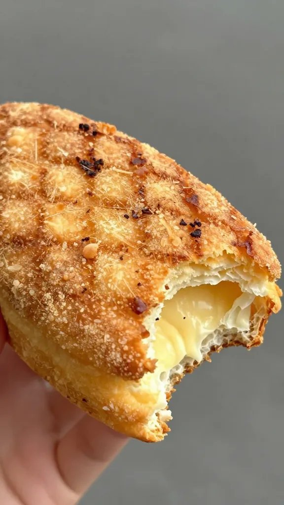single bite with crisp exterior and grill-like texture closeup
