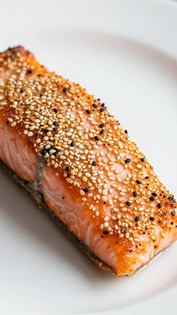 Closeup of sesame-crusted salmon bite on white plate