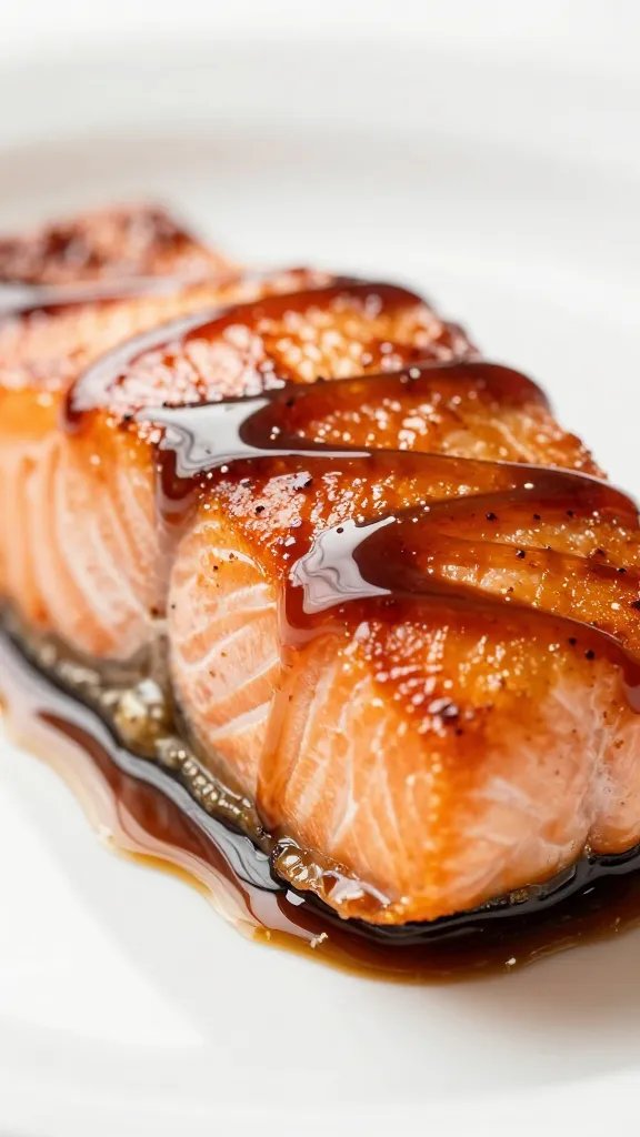 Glazed bang bang salmon bite drizzled with sauce closeup