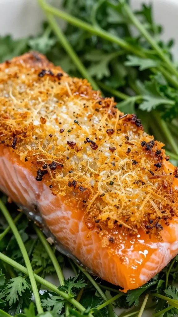 Crispy salmon crust closeup, micro-herbs backdrop
