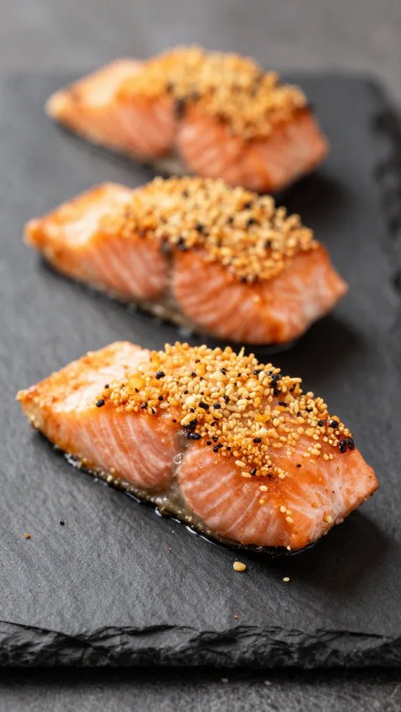 Air fryer salmon bite on slate board, focus on crust