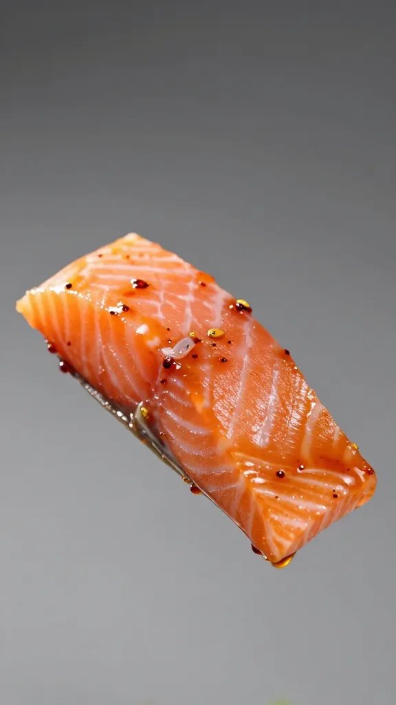 Single salmon bite half-dipped in spicy glaze