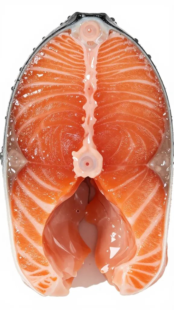 Juicy interior reveal of salmon bite, cross-section shot