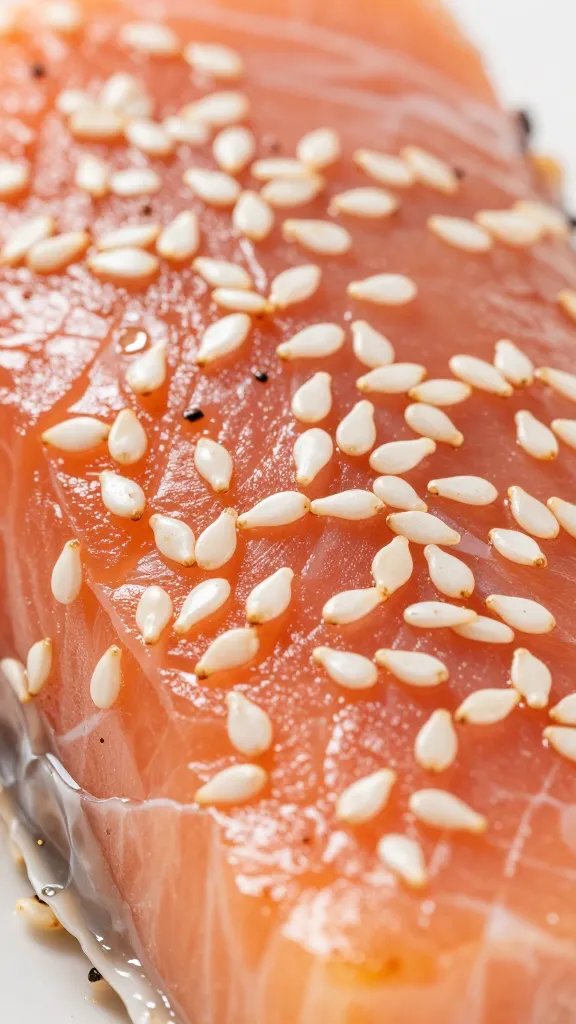 Closeup of sesame seeds on salmon crust