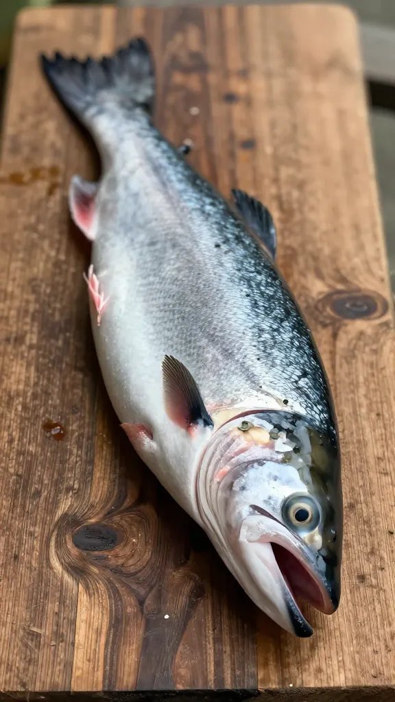 Salmon bite resting on rustic wooden board