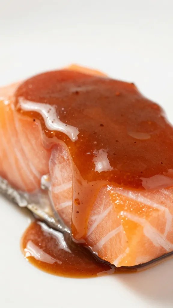 Macro of glossy bang bang sauce coat on salmon bite