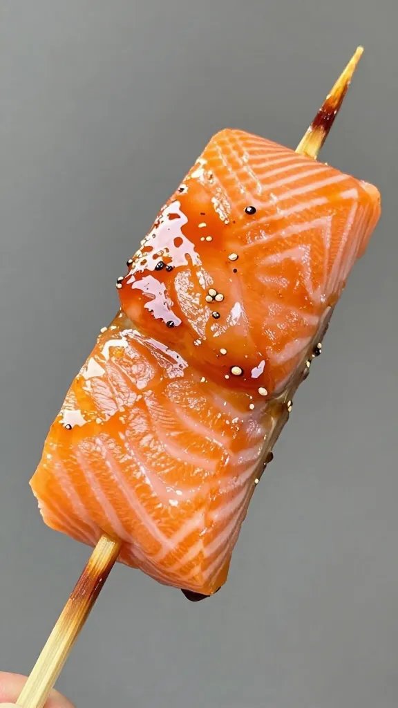 Closeup of glossy teriyaki salmon bite on glass skewer