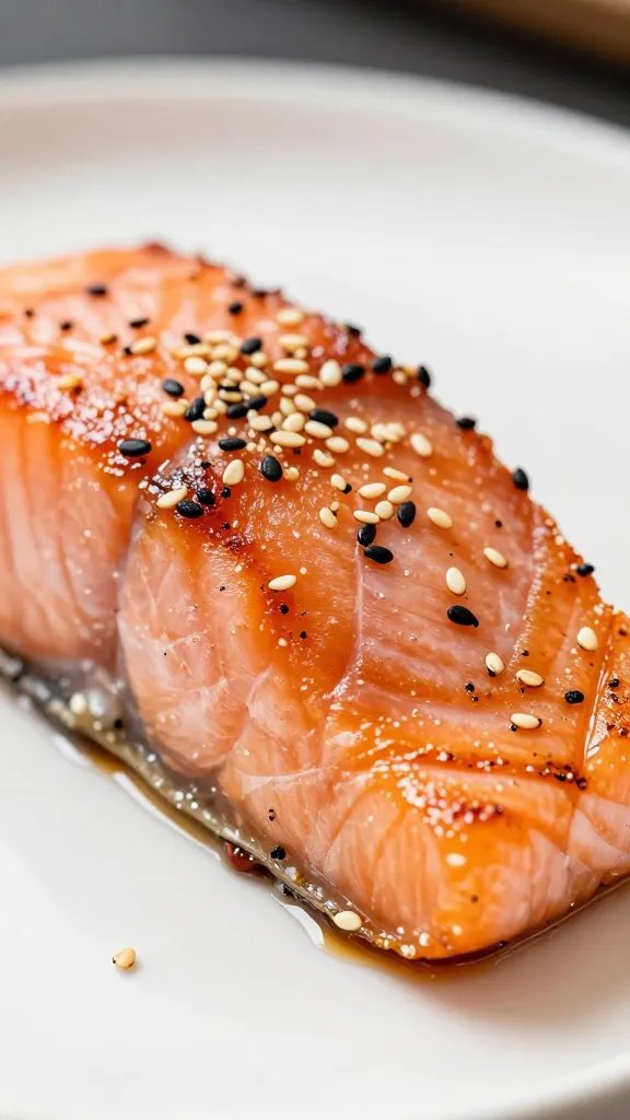 Macro shot of glazed salmon bite with sesame sprinkle