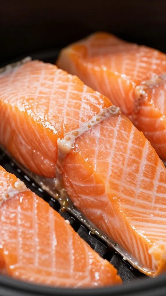 Closeup of crisp-edged salmon bite with air fryer texture