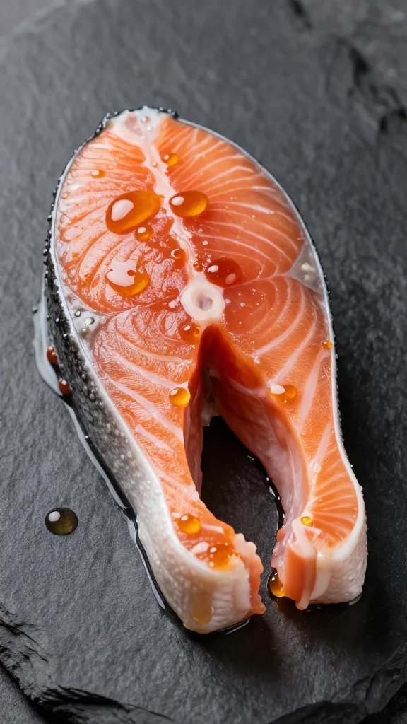Salmon bite with amber glaze droplets on dark slate