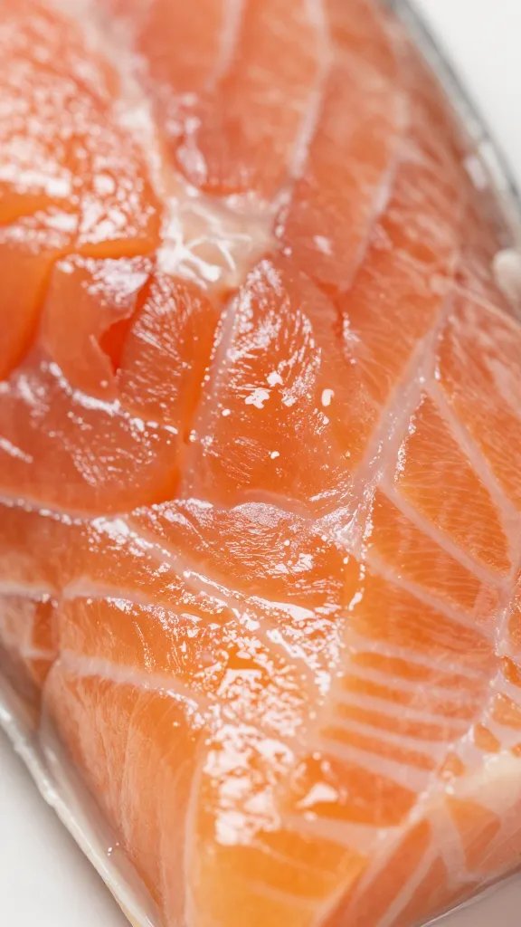 Closeup of flaky interior of salmon bite, glaze sheen