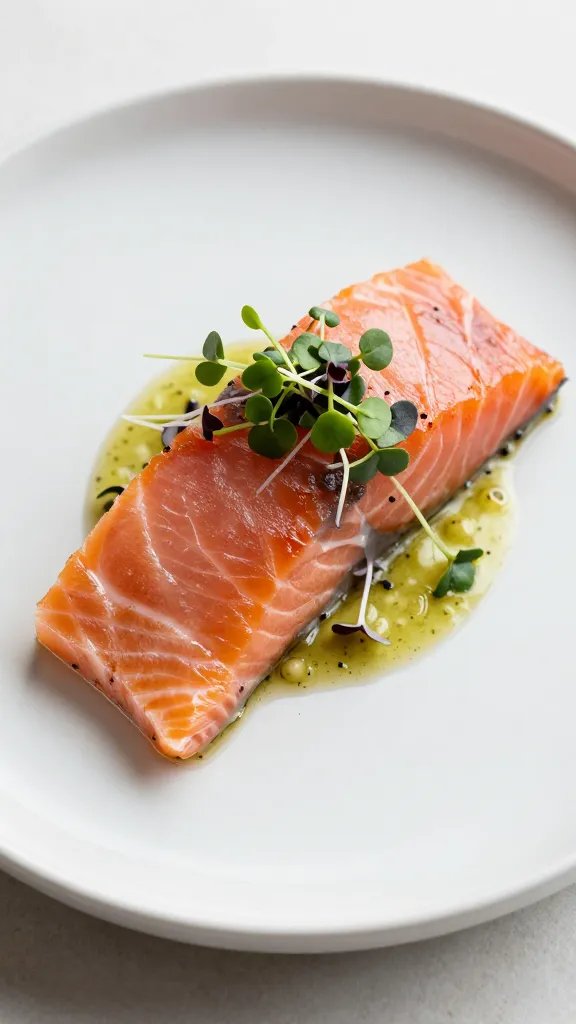 Salmon bite with microgreens garnish on minimalist plate