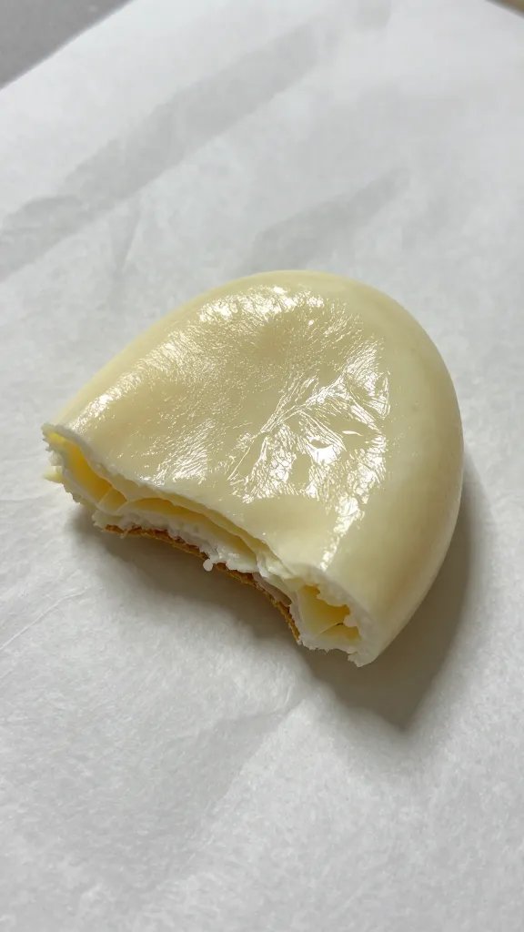 Single bite resting on parchment with sheen reflection