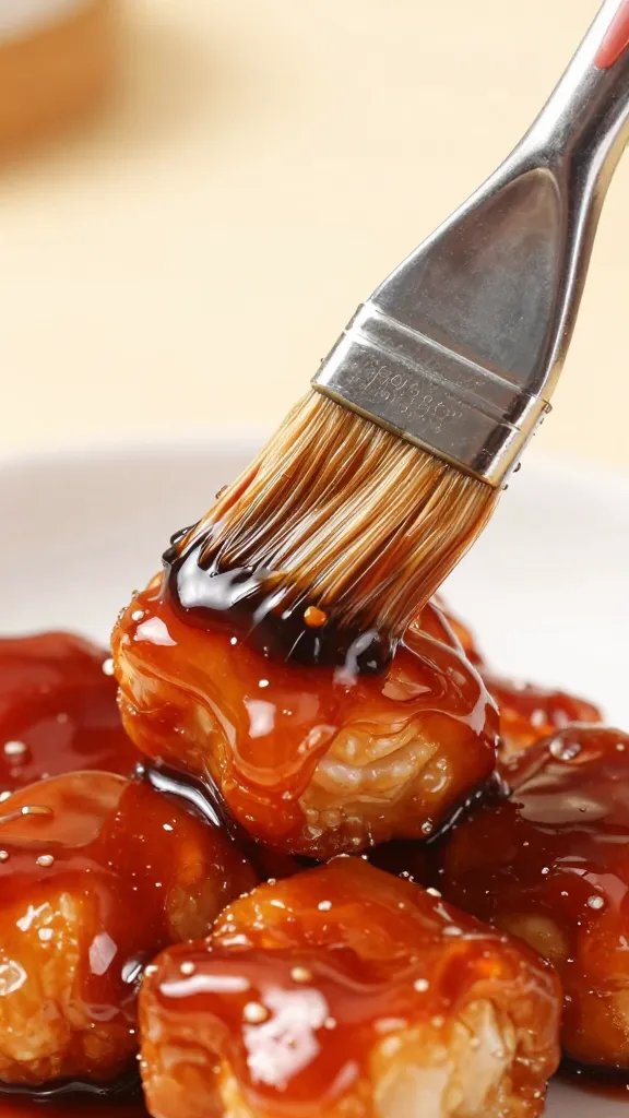 Closeup of glossy teriyaki glaze being brushed onto bite