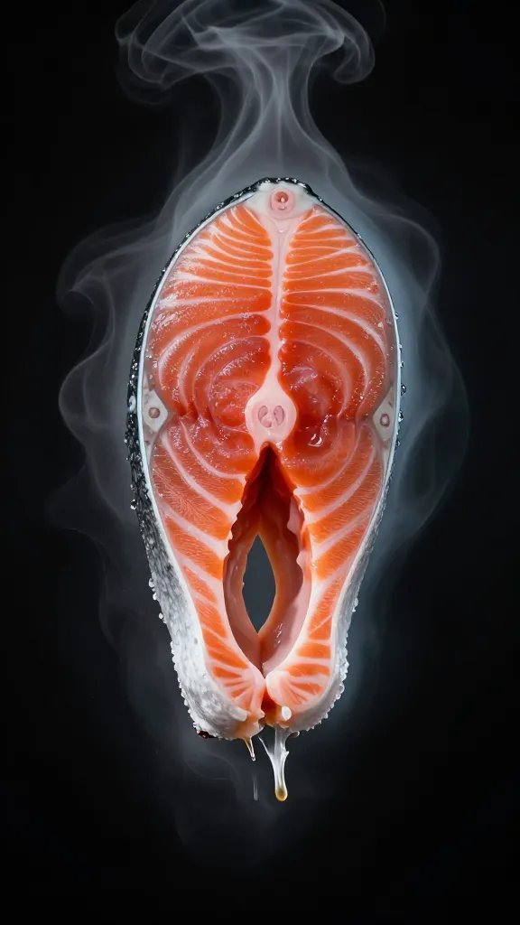 Salmon bite with steam halo, isolated on black background
