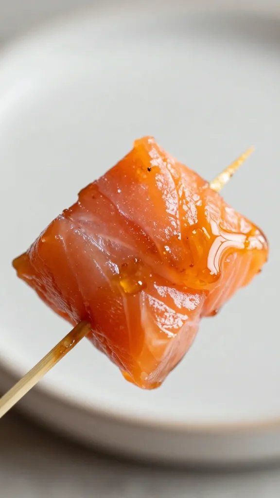 Closeup of honey glaze on salmon bite resting on skewer