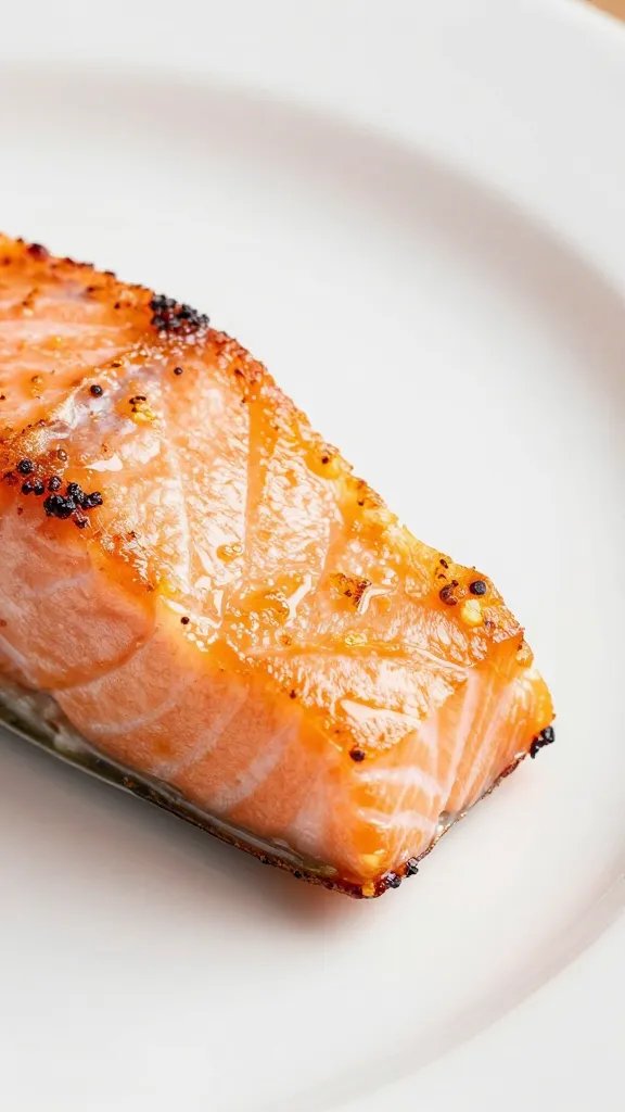 Closeup of crispy salmon bite edge on white plate