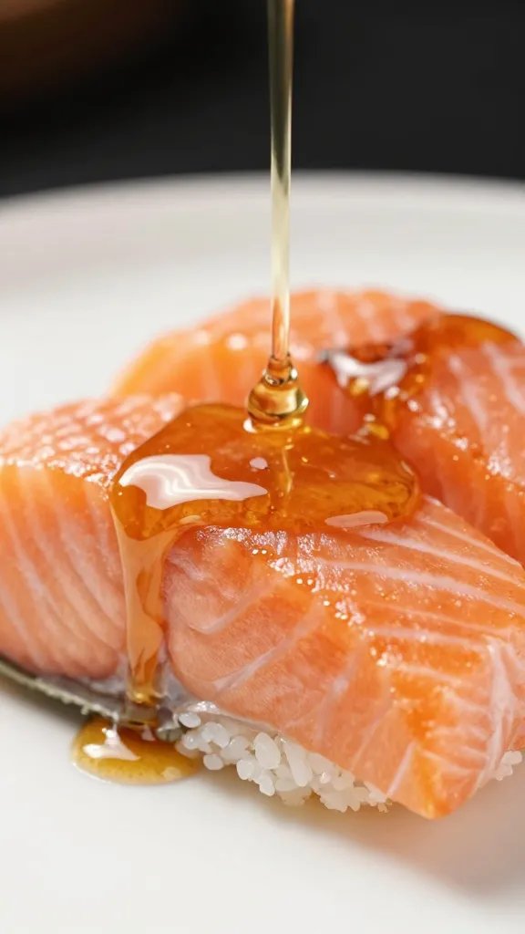 Closeup of glossy honey garlic glaze drizzle on salmon bite
