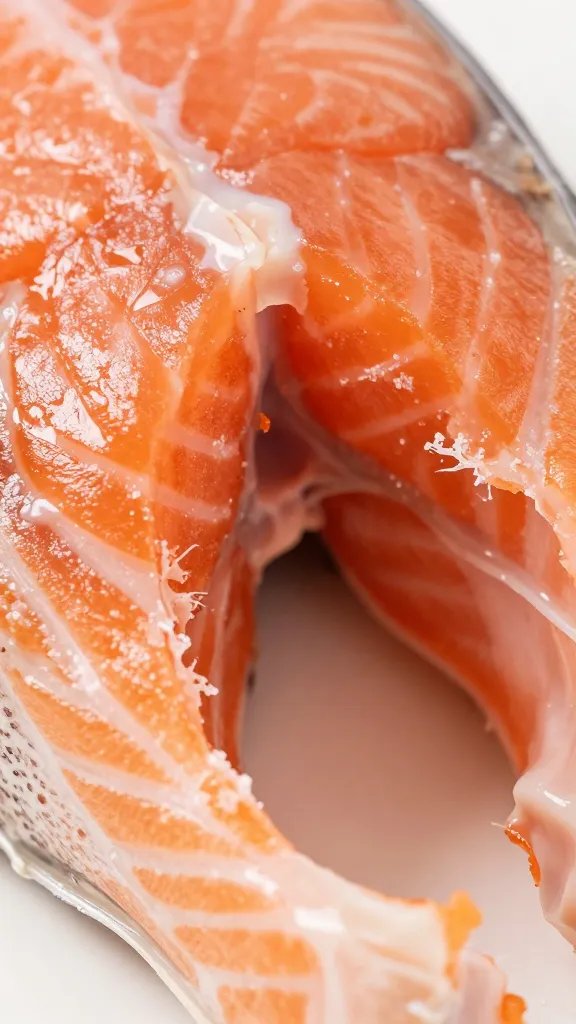 Closeup of juicy salmon bite torn open to show flaky interior