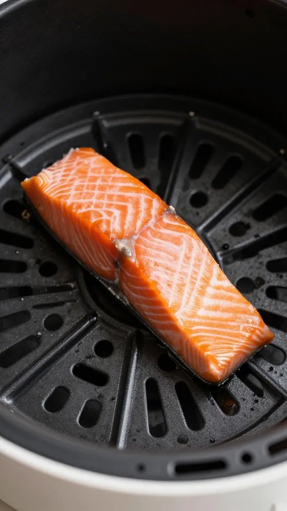 Closeup of air fryer basket with single salmon bite