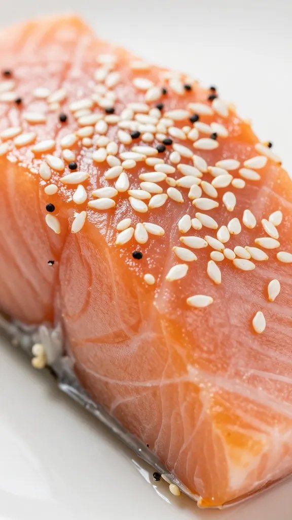 Closeup of sesame seeds topping on salmon bite