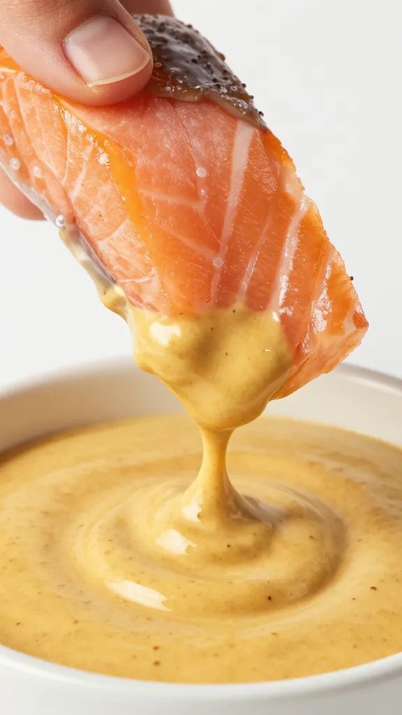 Closeup of salmon bite with grainy mustard dipping sauce