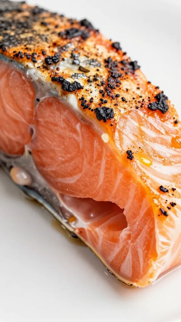 Closeup of single salmon bite with charred sear marks