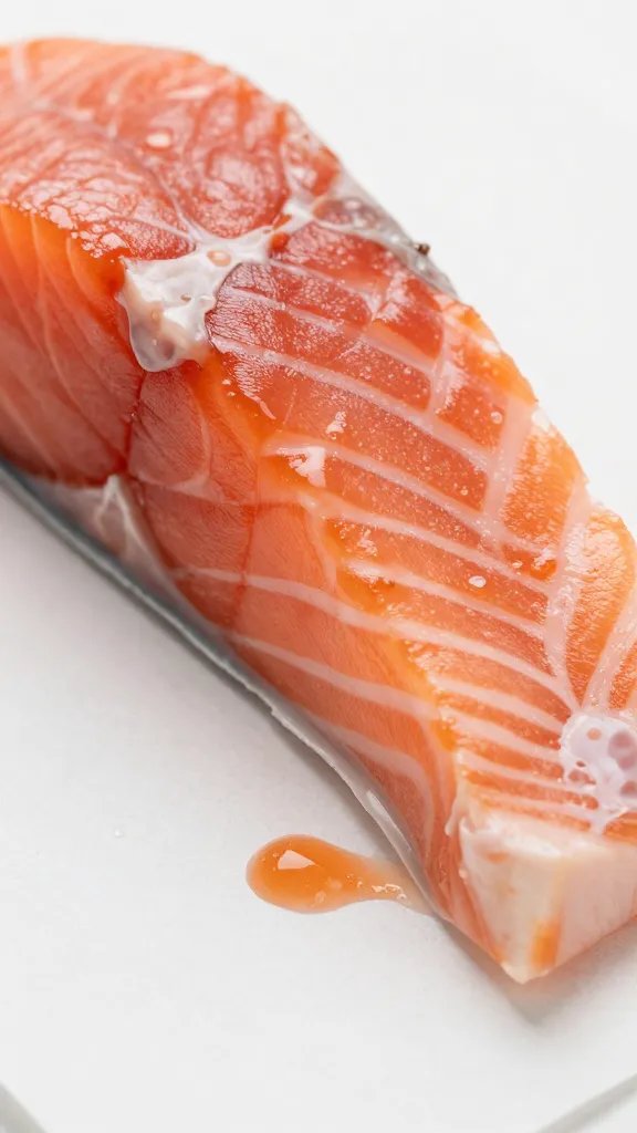 Closeup of salmon bite on parchment with drizzle patterns