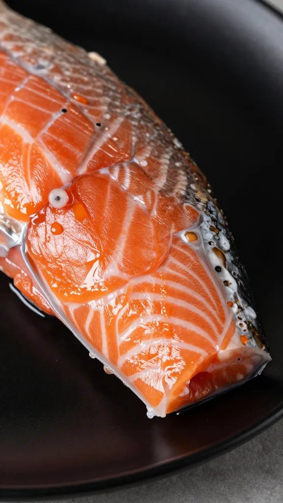 Closeup of mahogany-skinned salmon bite on black plate