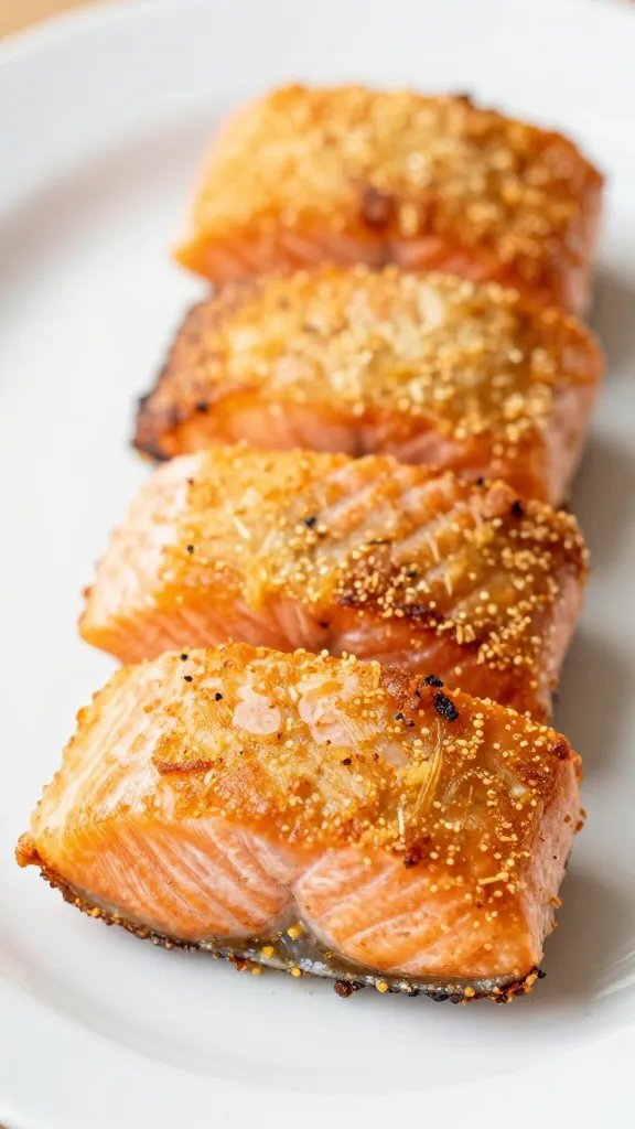 closeup of crispy air fryer salmon bite on white plate