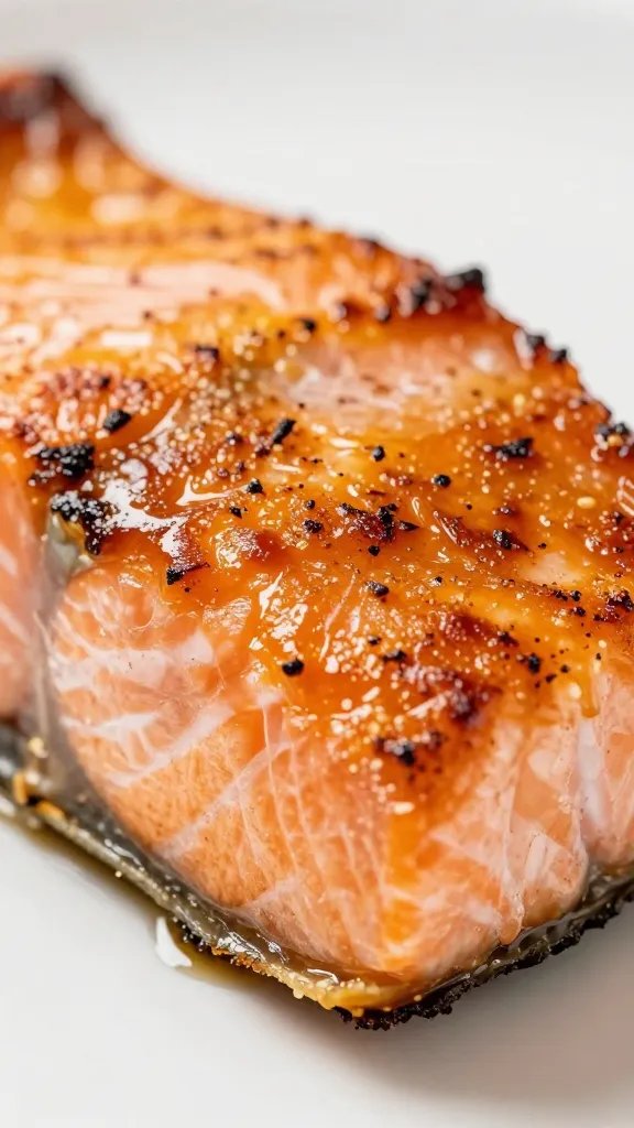 closeup of caramelized crusted salmon bite cross-section