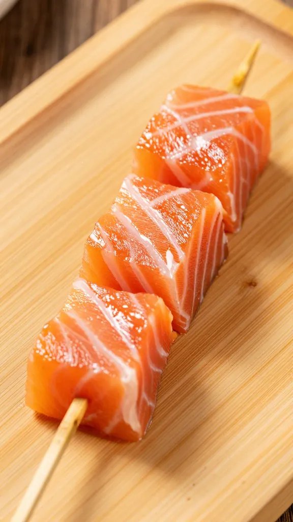 single salmon bite skewered on bamboo, focus on texture