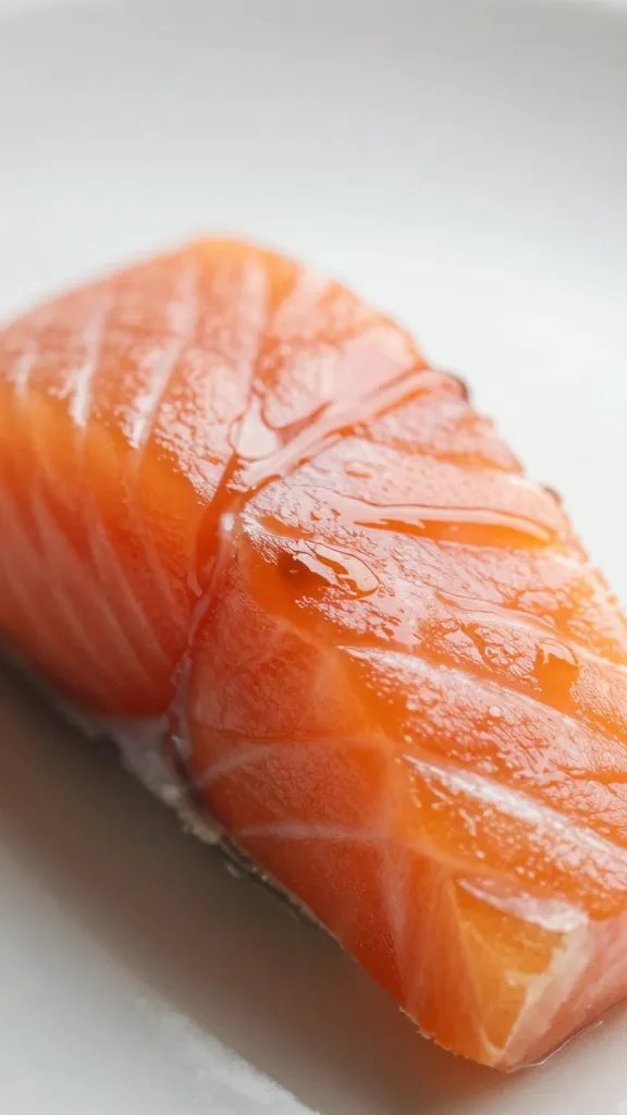 single glossy glaze drizzle atop salmon bite closeup