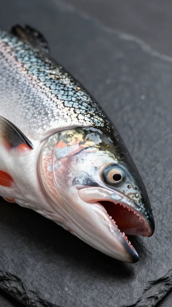 closeup of salmon bite on dark slate background