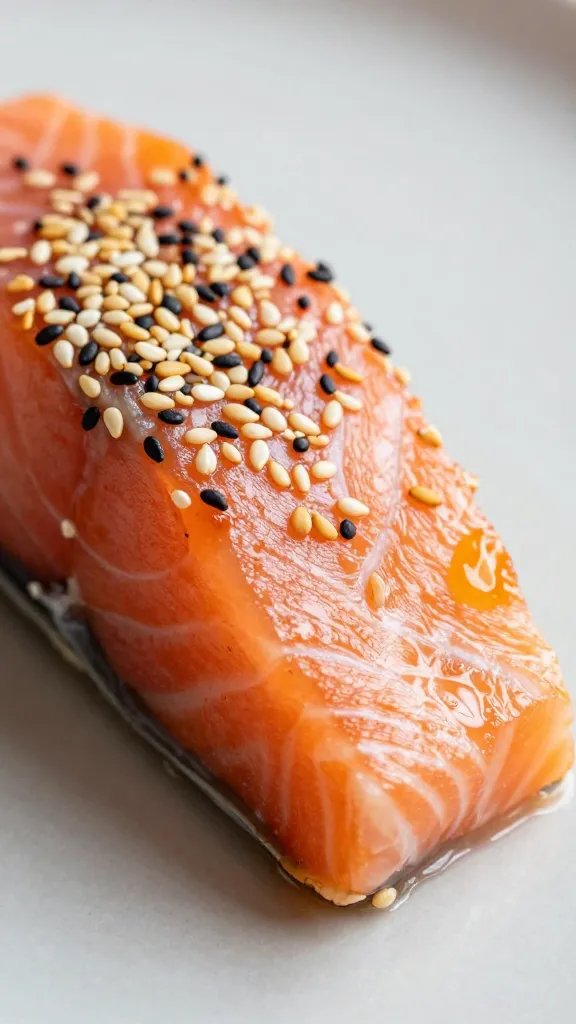 single salmon bite with sesame seeds focus on crust