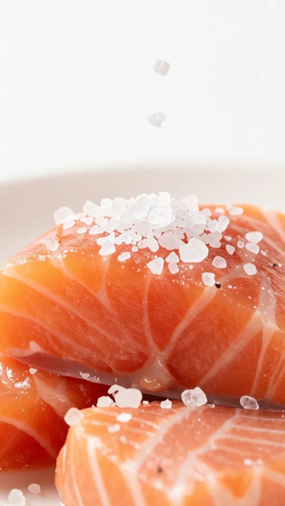 closeup of salt flakes cascading onto salmon bite
