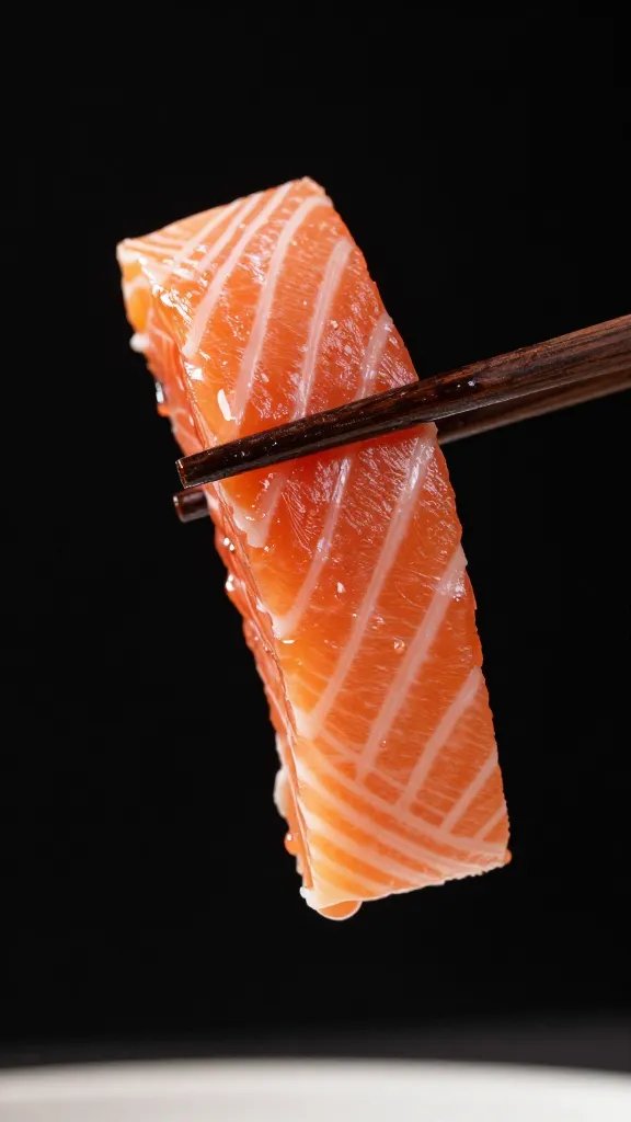 single salmon bite held by chopsticks, emphasis on moisture