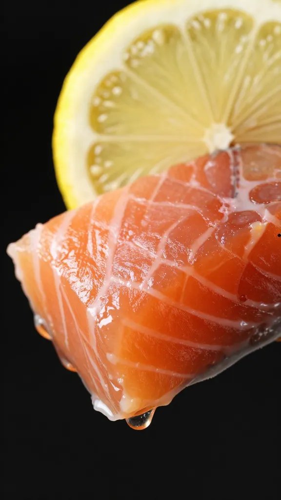 closeup of salmon bite with lemon slice accent, high contrast